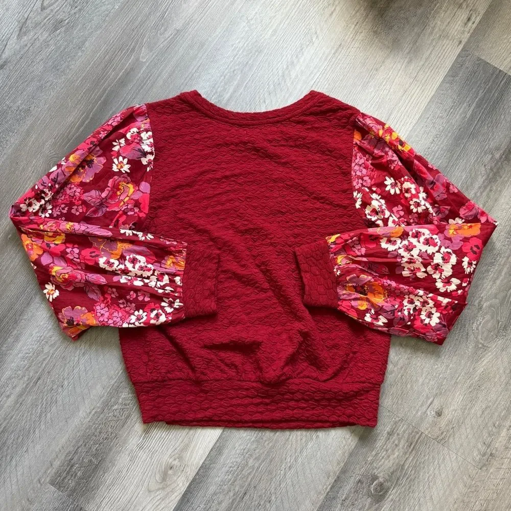 Anthropologie Porridge Textured Top Floral Sleeves Maroon Wine XS Oversized